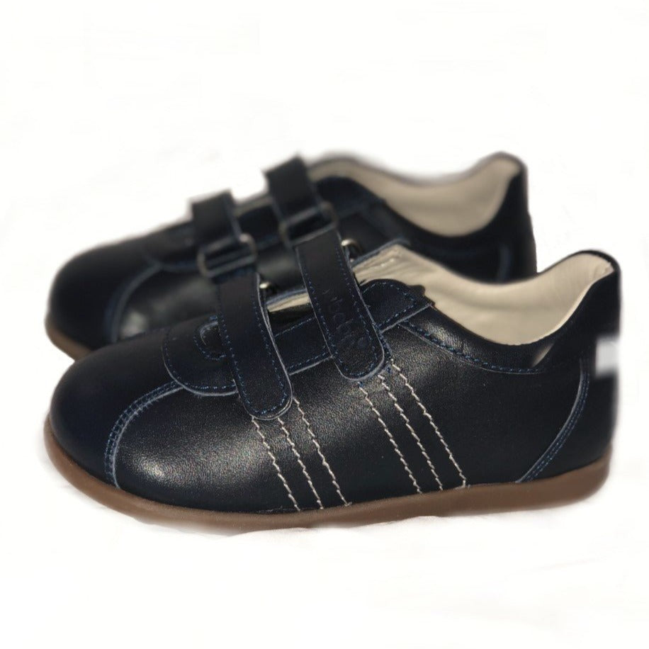 Nubebe Leather Velcro Shoe, Navy with White Stitch