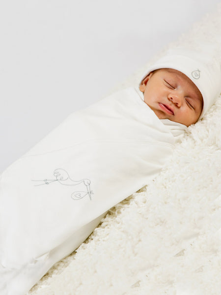 Organic Cotton Swaddle Blanket w Grey Stork Embroidery
